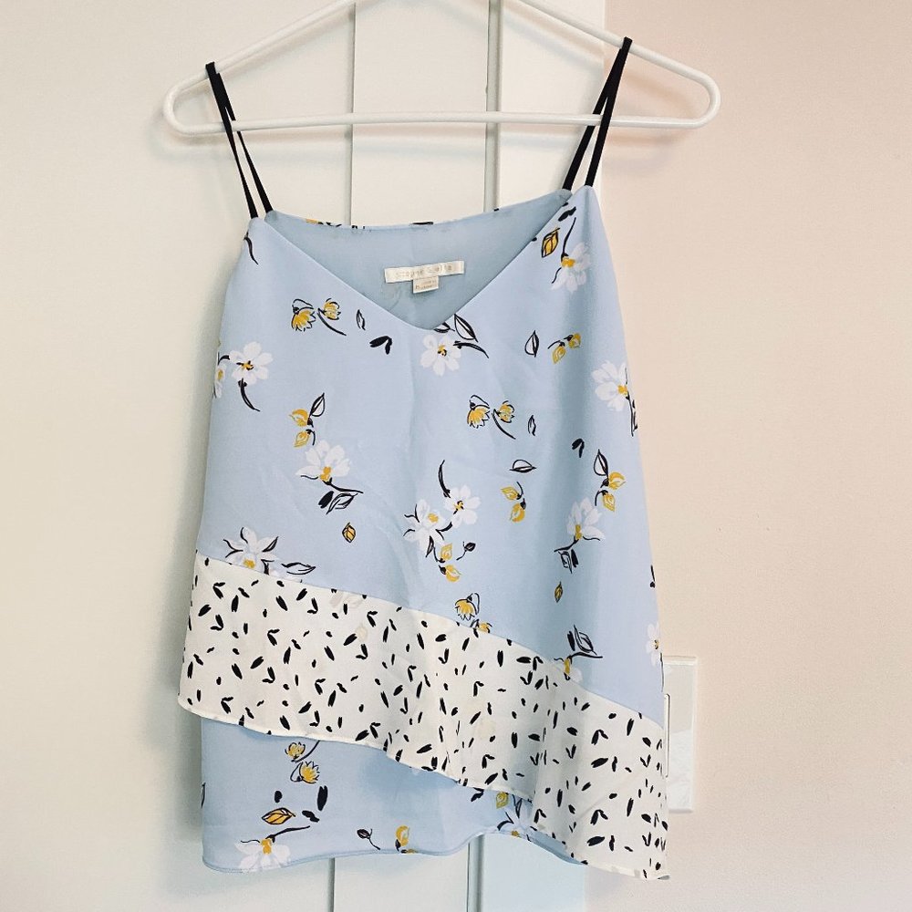 Cooper and Ella V-Neck Tank Top Ruffle Floral Blue Gold White M